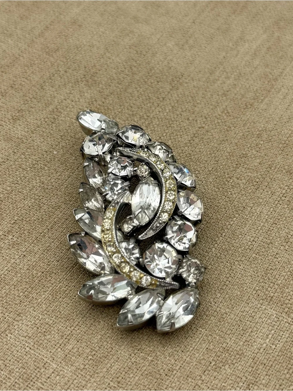 Vintage Crystal Crescent Statement Brooch - Silver Tone